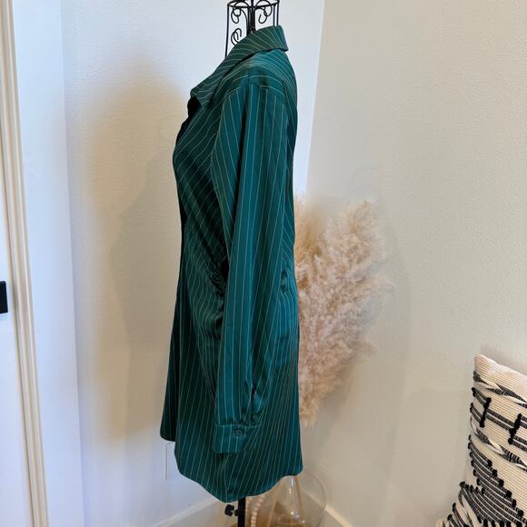 WAYF Daniela Cutout Green Pinstripe Long Sleeve Shirt Dress- Small - Picture 4 of 11